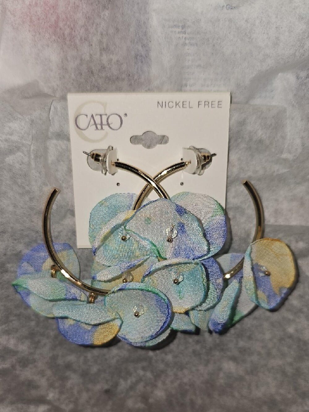 Cato Gold Tone Hoop Earrings with Pastel Blue, Green & Yellow Fabric Petals New